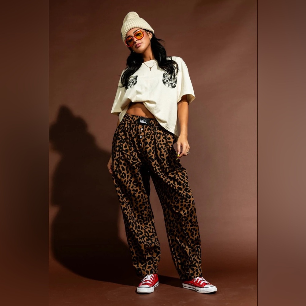 NWT Dressed in Lala Happy Chance Barrel Leg Boxer Pants in Leopard Print